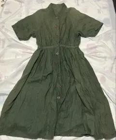 Aライン　カーキ　ミリタリー　レトロ　ラグラン　前空き　シャツワンピ