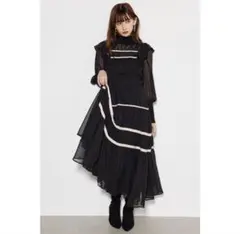 rienda リエンダ　テープギャザーティアードワンピース　黒　ロング　フレア