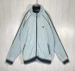 [古着]ビンテージ　トラックジャケット　刺繍　ベロア　アームライン　水色　黒