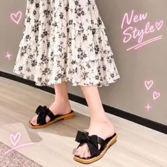 リボンサンダル　ぺたんこ　レディース　23.5-24㎝ 黒　軽量