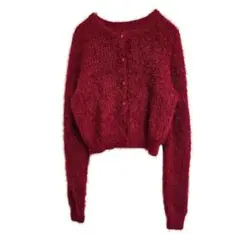 グレイル シャギー ニット カーディガン クロップド丈 L 鮮やかレッド