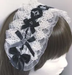 ★新作♡ 黒×白　レースアップ　ヘッドドレス　ハート　3段フリル　リボン