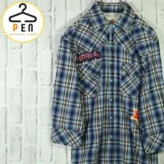 【レトロ古着◎こなれコーデ】総柄シャツ ワークシャツ オンブレチェック ブルー