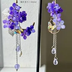 紫陽花と琉球ガラスの蓮ネックレス 宇宙 和風レジンアクセサリー ハー 
