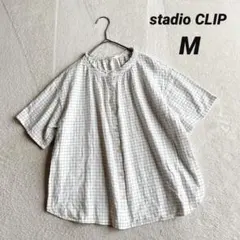 【スタジオクリップ】フリルネック 半袖シャツ (M) チェック柄 オーバーサイズ