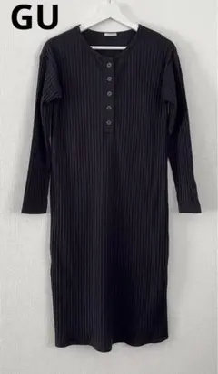 GU レディース 長袖 リブ ニットワンピース S ブラック