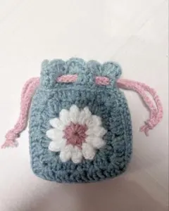 水色の花モチーフ巾着袋 ハンドメイド