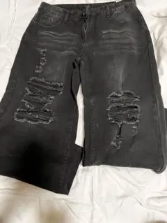 ブラック ダメージ加工 ワイドレッグ デニムパンツ