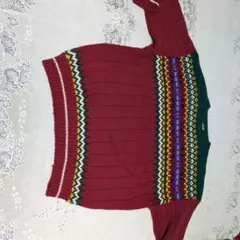 バーガンディ 多色柄編み ニットセーター