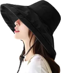 UVカット帽子 レディース 日よけ帽子 つば広 小顔効果 ブラック オシャレ
