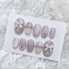 ネイルチップ パープルネイル 韓国ネイル 量産型　メンカラ　推し活　リボン 紫