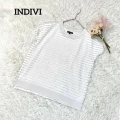 インディヴィ半袖ニット ボーダー フレンチスリーブ ホワイト 38