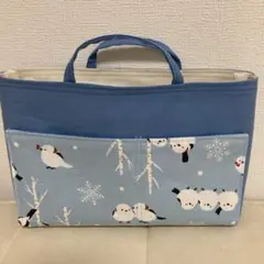 ハンドメイド　バッグインバッグ　内ポケット付き　シマエナガ水色×水色×生成り