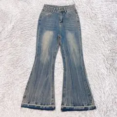 Y2Kグランジ ベルボトム フレアデニムパンツ S インディゴ ヴィンテージ加工