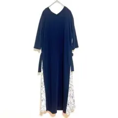 ブージュルード　ロングワンピース　F 七分袖　ネイビー　プリーツ切り替え　花柄