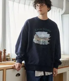 CALM DOWNプリント ネイビー スウェット　裏起毛