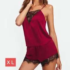 【訳あり】上下セット❤サテンの光沢のあるツルっとした肌触り r257赤XL