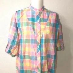 １点物パステルカラー ヴィンテージ マドラスチェック ブラウスシャツY2K