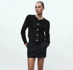 ZARAフェイクファーニットカーディガン フローラルボタン　花