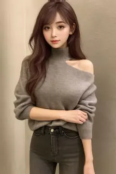 DHOLIC ハーフネック カット アウト ショルダーニット グレー オルチャン