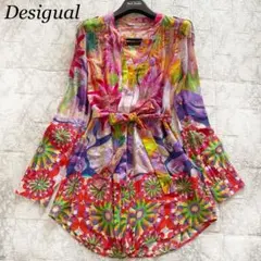 デシグアル　シャツ　チュニック　マルチカラー　花柄　シルク混　リボン　カラフル