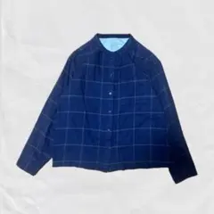 ヴィンテージ紺色チェック柄 バンドカラーシャツ