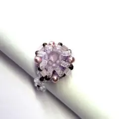 №296 ハンドメイド ビーズリング パープル＆ホワイト(指輪サイズ変更可能)