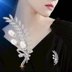 ブローチ　淡水真珠　スワロフスキー　ジルコン　葉　パール　結婚式