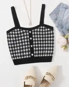 shein ギンガムチェック ビスチェ キャミソール ニットトップス