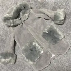 グレー ファーコート フード付き　S