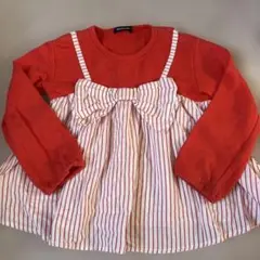 リボン付き赤と白ストライプ長袖カットソー