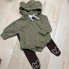 オリーブグリーン くま耳　フード付きロンパース　パンツセット