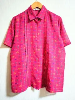 昭和レトロ個性派古着vintage総柄半袖ポリシャツusedブラウスアンティーク