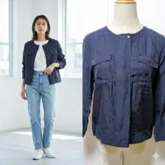 ロートレアモン 日本製 ノーカラー ジップジャケット 7分袖 紺 38 Mサイズ