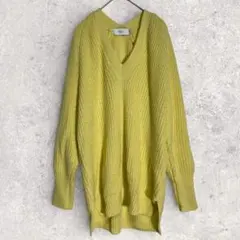 アズール　ニット　黄色　M　Vネック　セーター　リブ編み　カジュアル　ロング