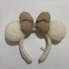 ディズニー　ミニーマウス ボアカチューシャ（ホワイト×ベージュリボン）