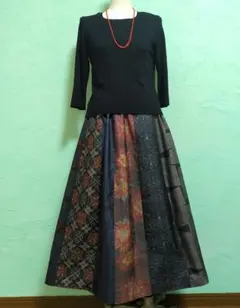 着物リメイク大島紬パッチワークスカート　　Ｆ