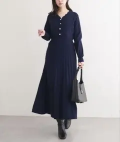 ナチュラルクチュール スカラッププリーツニットワンピース ネイビー 新品 完売品