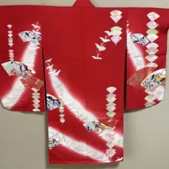 쇼와 레트로 753 기모노, 빨간 부채, 페이스 크레인, 순수 실크, 투명 수공예 리메이크에도 사용할 수 있습니다.