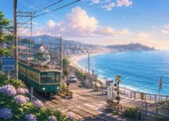 【イラスト】鎌倉の海と電車 アートポスター 2L判