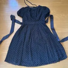 ネイビー水玉模様 半袖ひざ丈ワンピース