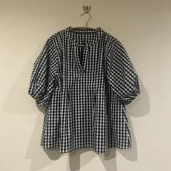 チェック柄 五分袖シャツ スタンドカラー　ぺプラム