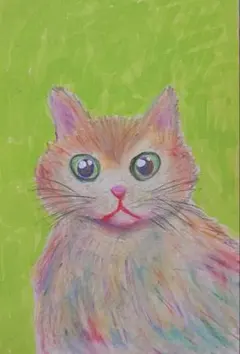 こっちをみてる猫 黄緑【はがきサイズ・原画】