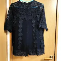 ブラック 花柄レース 五分袖シャツ
