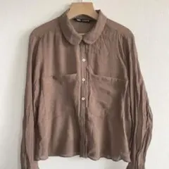 ZARA シワ加工 シアー長袖シャツ ブラウン Lサイズ