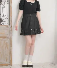 【ems】パール付き デニム ミニ スカート 【レトロガール】