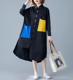 シャツワンピース 黒 カラーポケット ロング丈 個性的 韓国 オーバーサイズ