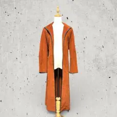 80sイタリア製コーデュロイコートロング丈ガウンオレンジレトロユーロヴィンテージ