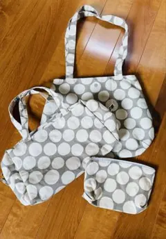 【ハンドメイド】大人かわいい布バッグ3点セット（ドット柄）グレーベージュ系
