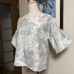 大島紬　ブラウス　トップス　絹　　白大島　着物リメイク　反物から